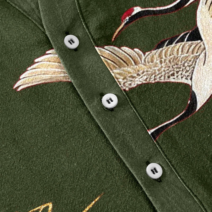 Buddha Stones Camisa de manga corta con medio botón para hombre, modelo Cotton Crane Golden Lotus. - image 8
