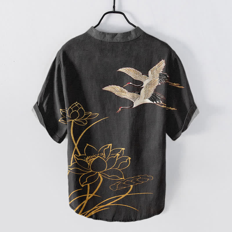 Buddha Stones Camisa de manga corta con medio botón para hombre, modelo Cotton Crane Golden Lotus. - image 11