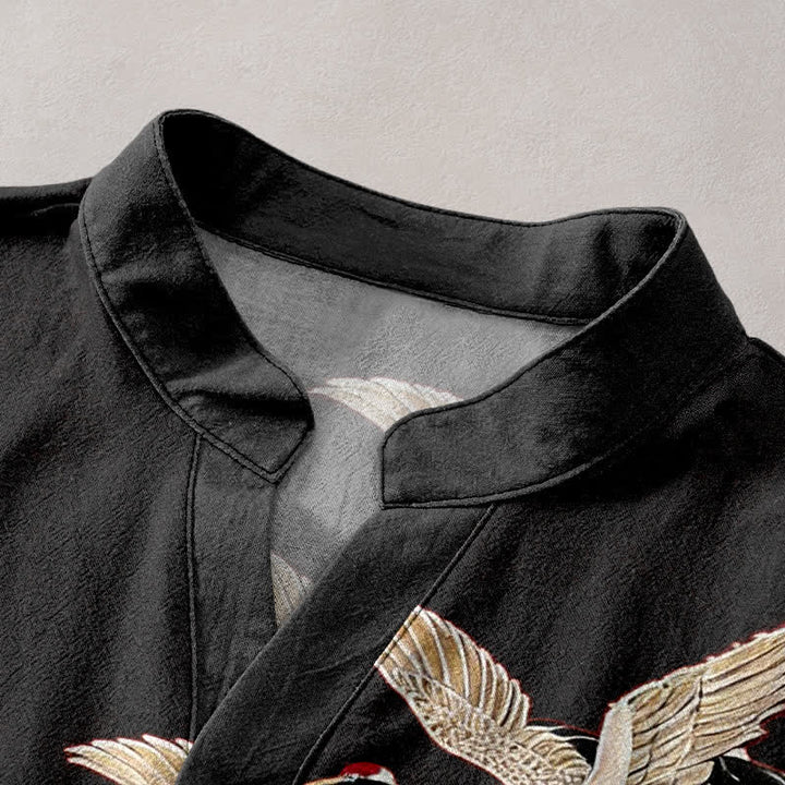 Buddha Stones Camisa de manga corta con medio botón para hombre, modelo Cotton Crane Golden Lotus. - image 12