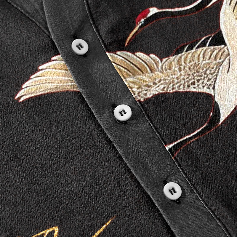 Buddha Stones Camisa de manga corta con medio botón para hombre, modelo Cotton Crane Golden Lotus. - image 13