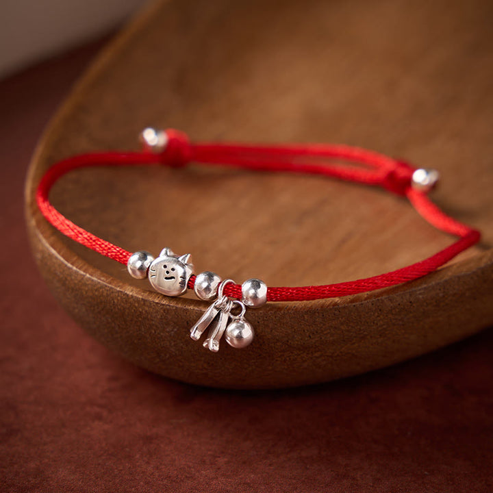Buddha Stones Pulsera de plata de ley 925 con lindo diseño de gato y pez, con hilo rojo y símbolo de bendición. - Plata (Calma ♥ Equilibrio) - 14-21 cm - image 0