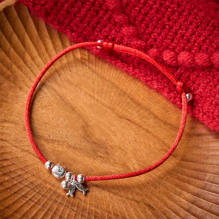 Buddha Stones Pulsera de plata de ley 925 con lindo diseño de gato y pez, con hilo rojo y símbolo de bendición. - image 2
