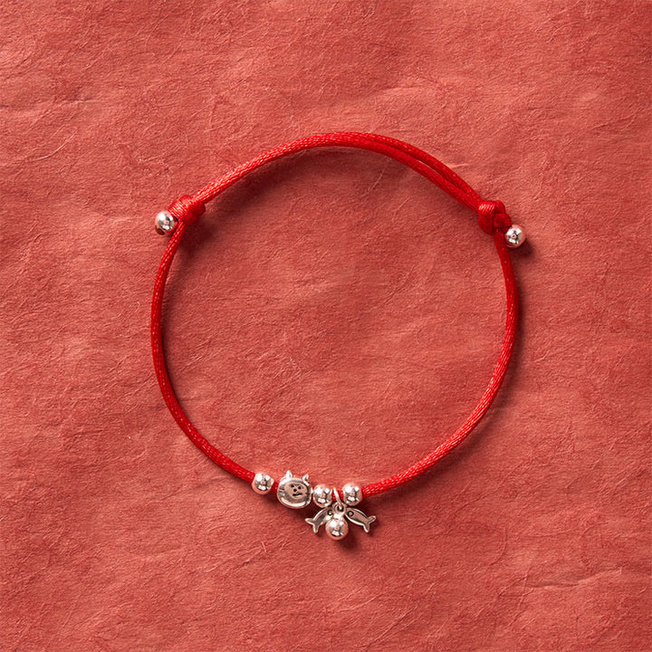Buddha Stones Pulsera de plata de ley 925 con lindo diseño de gato y pez, con hilo rojo y símbolo de bendición. - image 3