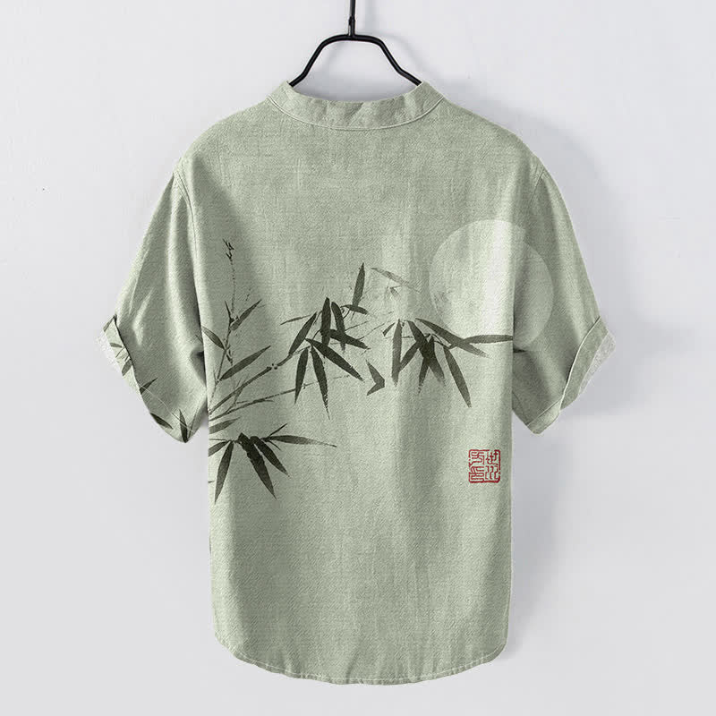 Buddha Stones Camisa de manga corta con medio botón para hombre, de algodón, con estampado de bambú y luna. - image 1