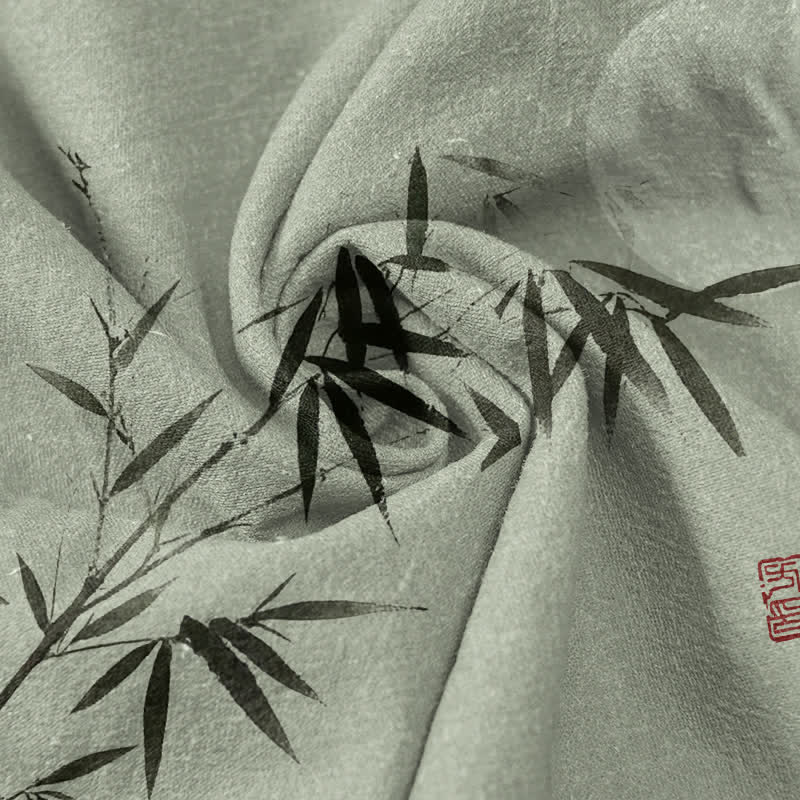 Buddha Stones Camisa de manga corta con medio botón para hombre, de algodón, con estampado de bambú y luna. - image 2