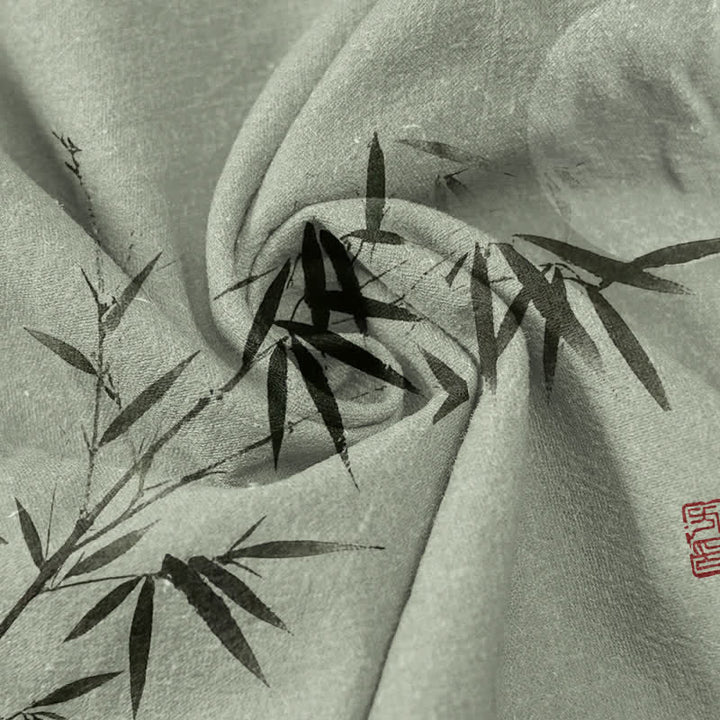 Buddha Stones Camisa de manga corta con medio botón para hombre, de algodón, con estampado de bambú y luna. - image 2
