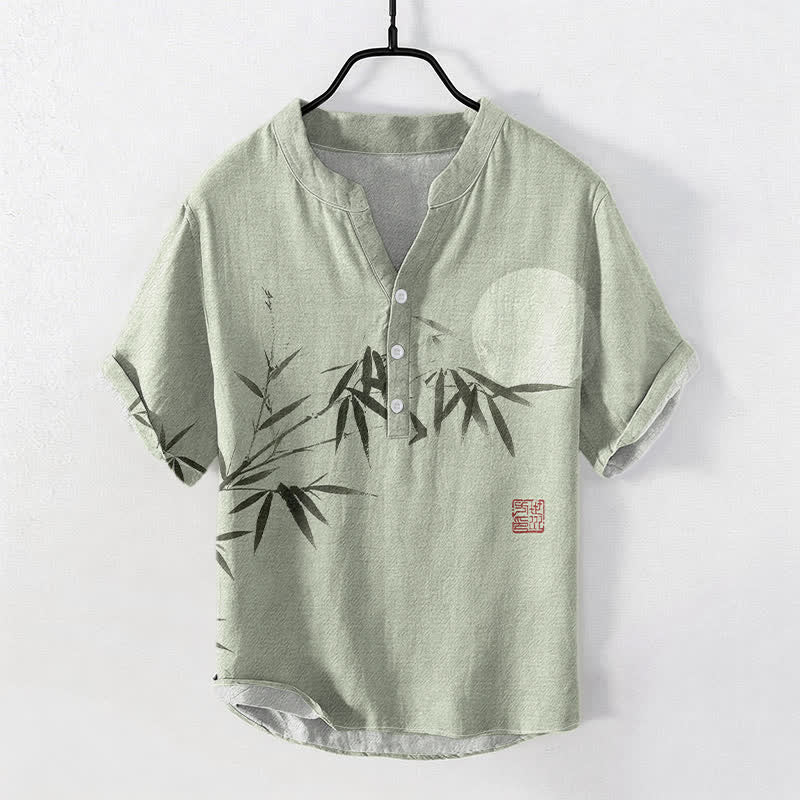 Buddha Stones Camisa de manga corta con medio botón para hombre, de algodón, con estampado de bambú y luna. - Verde claro - US/UK/AU50, EU60 (5XL) - image 0