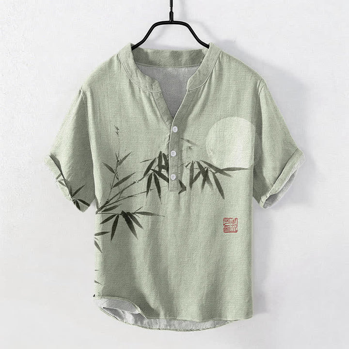 Buddha Stones Camisa de manga corta con medio botón para hombre, de algodón, con estampado de bambú y luna. - Verde claro - US/UK/AU50, EU60 (5XL) - image 0