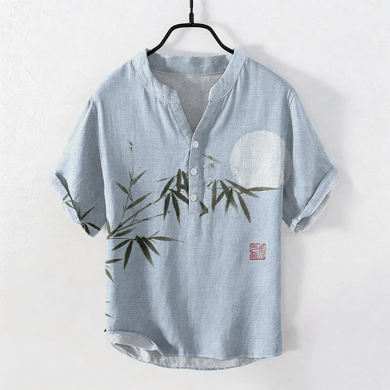 Buddha Stones Camisa de manga corta con medio botón para hombre, de algodón, con estampado de bambú y luna. - Azul claro - US/UK/AU50, EU60 (5XL) - image 3