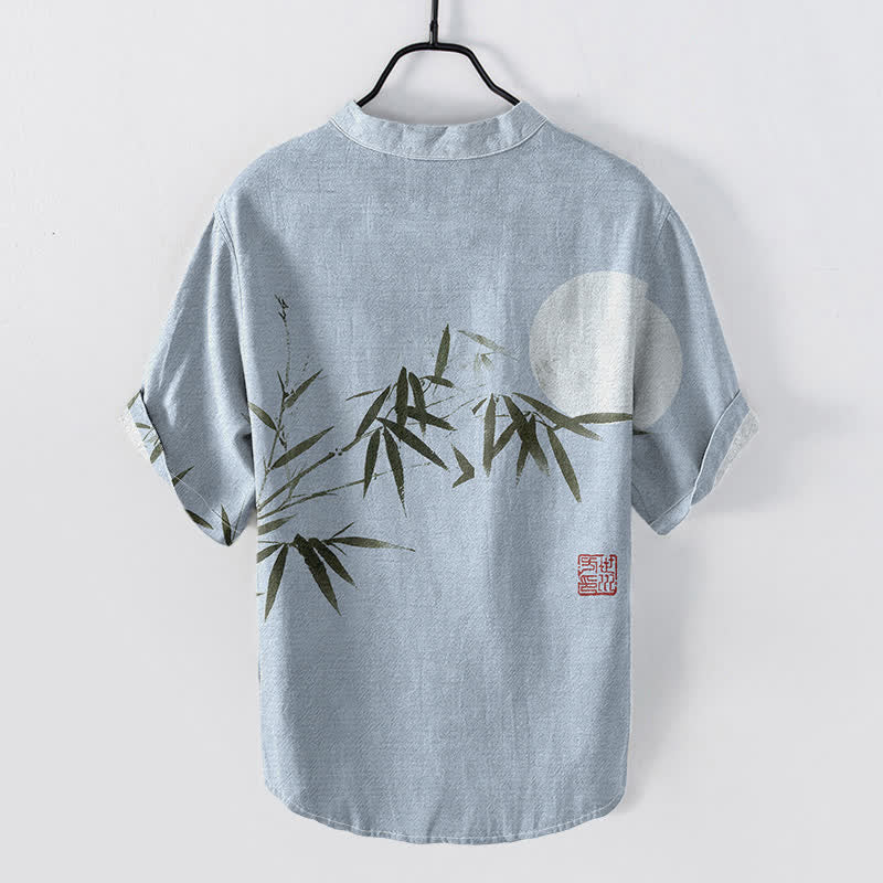 Buddha Stones Camisa de manga corta con medio botón para hombre, de algodón, con estampado de bambú y luna. - image 4