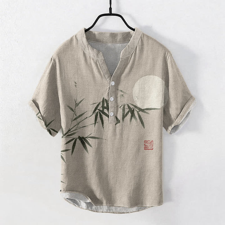 Buddha Stones Camisa de manga corta con medio botón para hombre, de algodón, con estampado de bambú y luna. - Beige - US/UK/AU50, EU60 (5XL) - image 5