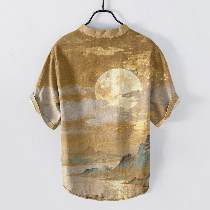 Buddha Stones Camisa de manga corta con medio botón para hombre, de algodón, con estampado de luna, nube y montaña. - image 1