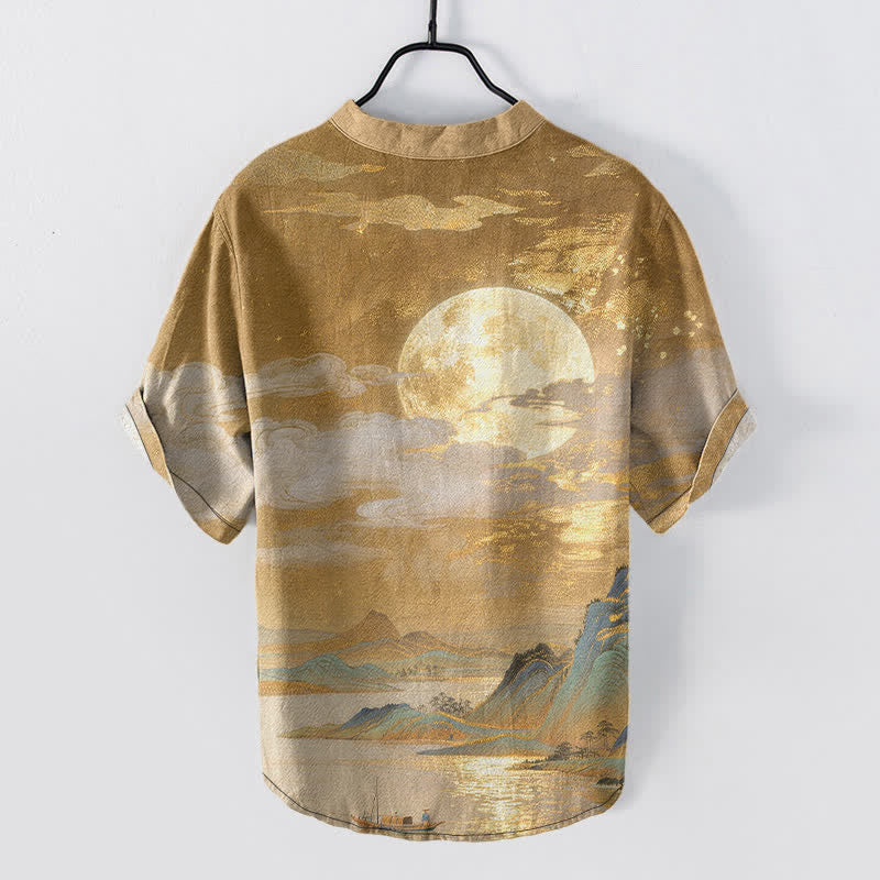 Buddha Stones Camisa de manga corta con medio botón para hombre, de algodón, con estampado de luna, nube y montaña. - image 1