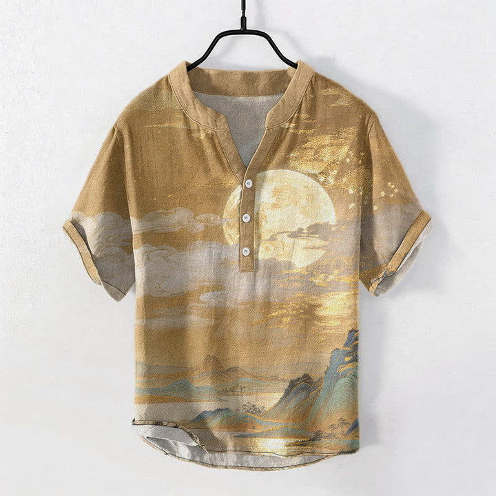 Buddha Stones Camisa de manga corta con medio botón para hombre, de algodón, con estampado de luna, nube y montaña. - vara de oro - US/UK/AU50, EU60 (5XL) - image 0