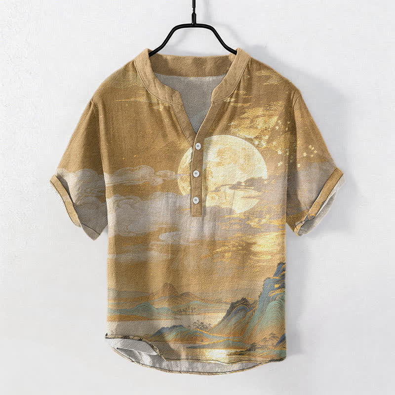 Buddha Stones Camisa de manga corta con medio botón para hombre, de algodón, con estampado de luna, nube y montaña. - vara de oro - US/UK/AU50, EU60 (5XL) - image 0