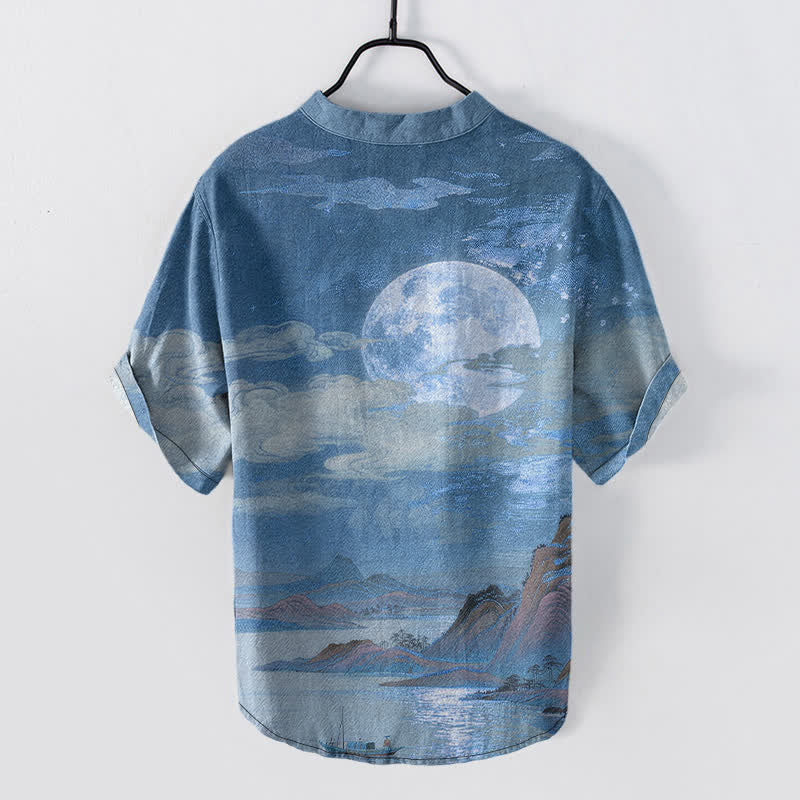 Buddha Stones Camisa de manga corta con medio botón para hombre, de algodón, con estampado de luna, nube y montaña. - image 6