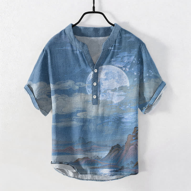 Buddha Stones Camisa de manga corta con medio botón para hombre, de algodón, con estampado de luna, nube y montaña. - Azul acero - US/UK/AU50, EU60 (5XL) - image 5