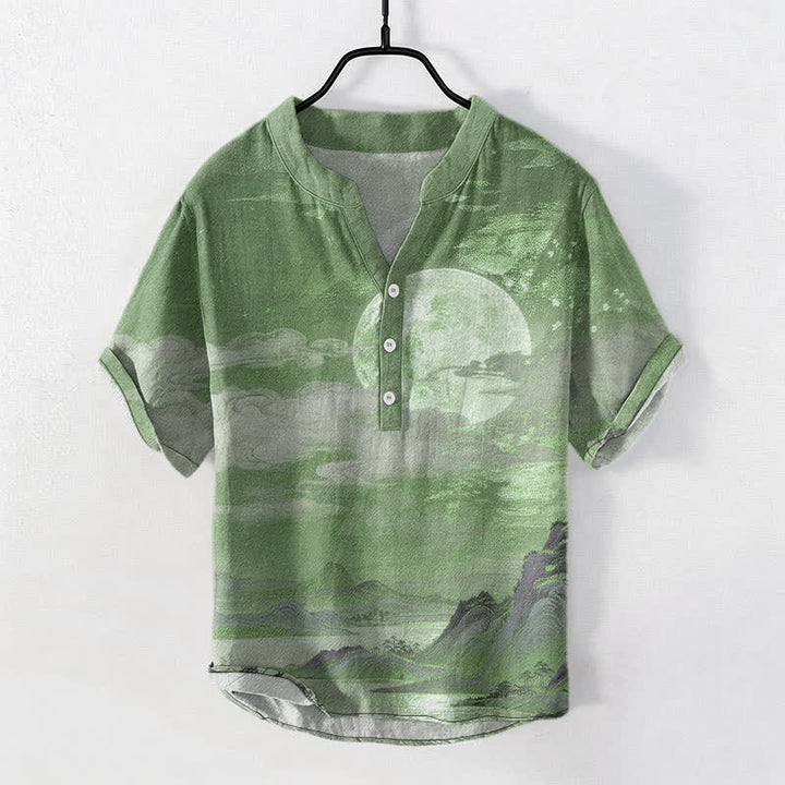Buddha Stones Camisa de manga corta con medio botón para hombre, de algodón, con estampado de luna, nube y montaña. - Verdemar - US/UK/AU50, EU60 (5XL) - image 10