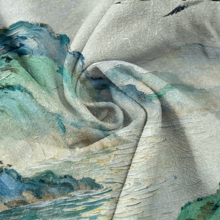 Buddha Stones Camisa de manga corta con medio botón para hombre, de algodón, con estampado de paisaje costero en acuarela. - image 2