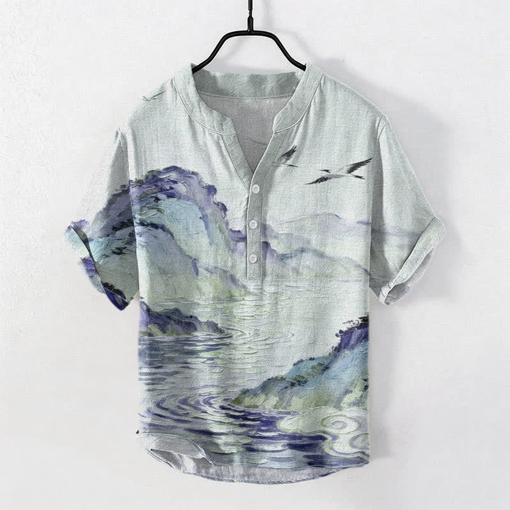 Buddha Stones Camisa de manga corta con medio botón para hombre, de algodón, con estampado de paisaje costero en acuarela. - Gotas de miel - US/UK/AU50, EU60 (5XL) - image 3