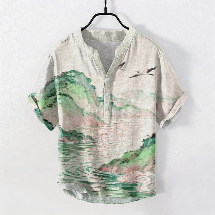 Buddha Stones Camisa de manga corta con medio botón para hombre, de algodón, con estampado de paisaje costero en acuarela. - Lino - US/UK/AU50, EU60 (5XL) - image 6