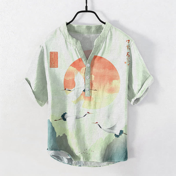 Buddha Stones Camisa de manga corta con medio botón para hombre, de algodón, con estampado de grullas volando y sol rojo. - Crema de menta - US/UK/AU50, EU60 (5XL) - image 6