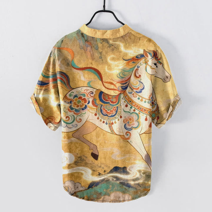 Buddha Stones Camisa de manga corta con medio botón y estampado ornamental de caballo al galope para hombre, de algodón. - image 6