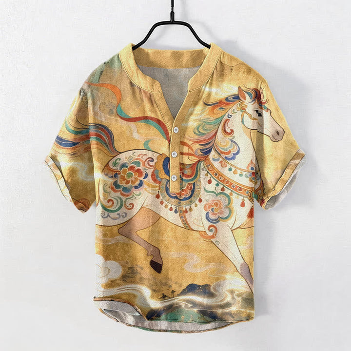 Buddha Stones Camisa de manga corta con medio botón y estampado ornamental de caballo al galope para hombre, de algodón. - Oro - US/UK/AU50, EU60 (5XL) - image 5