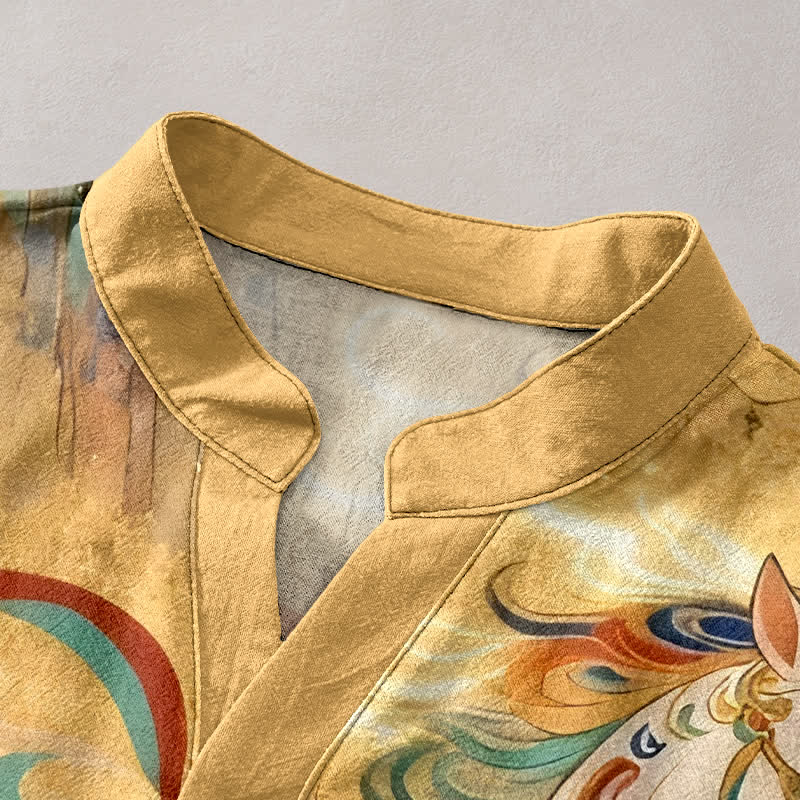 Buddha Stones Camisa de manga corta con medio botón y estampado ornamental de caballo al galope para hombre, de algodón. - image 7