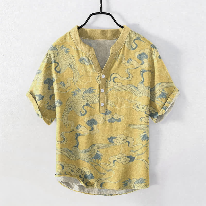 Buddha Stones Camisa de manga corta con medio botón para hombre, con estampado de grullas y nubes, de algodón. - Caqui - US/UK/AU50, EU60 (5XL) - image 3