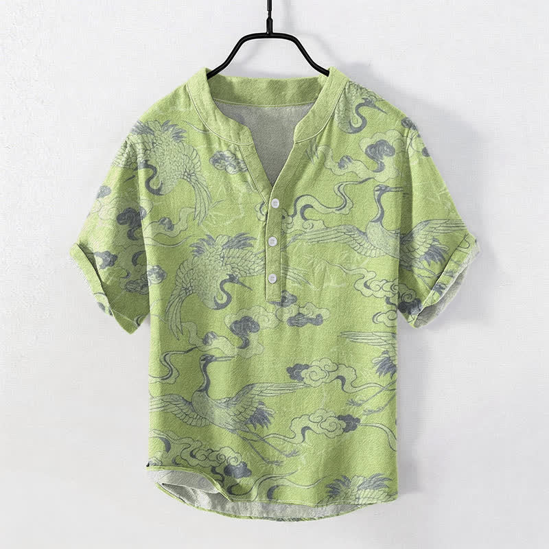 Buddha Stones Camisa de manga corta con medio botón para hombre, con estampado de grullas y nubes, de algodón. - Verde claro - US/UK/AU50, EU60 (5XL) - image 6