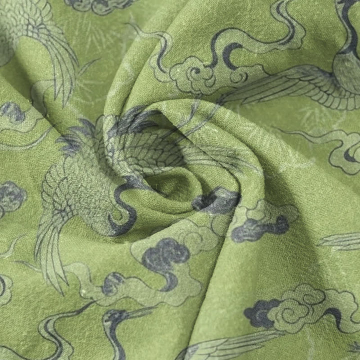 Buddha Stones Camisa de manga corta con medio botón para hombre, con estampado de grullas y nubes, de algodón. - image 8