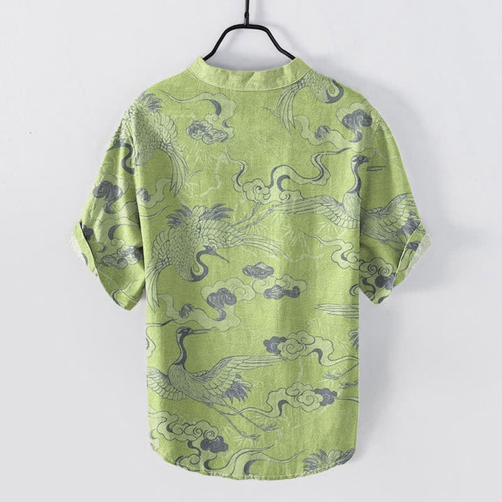 Buddha Stones Camisa de manga corta con medio botón para hombre, con estampado de grullas y nubes, de algodón. - image 7