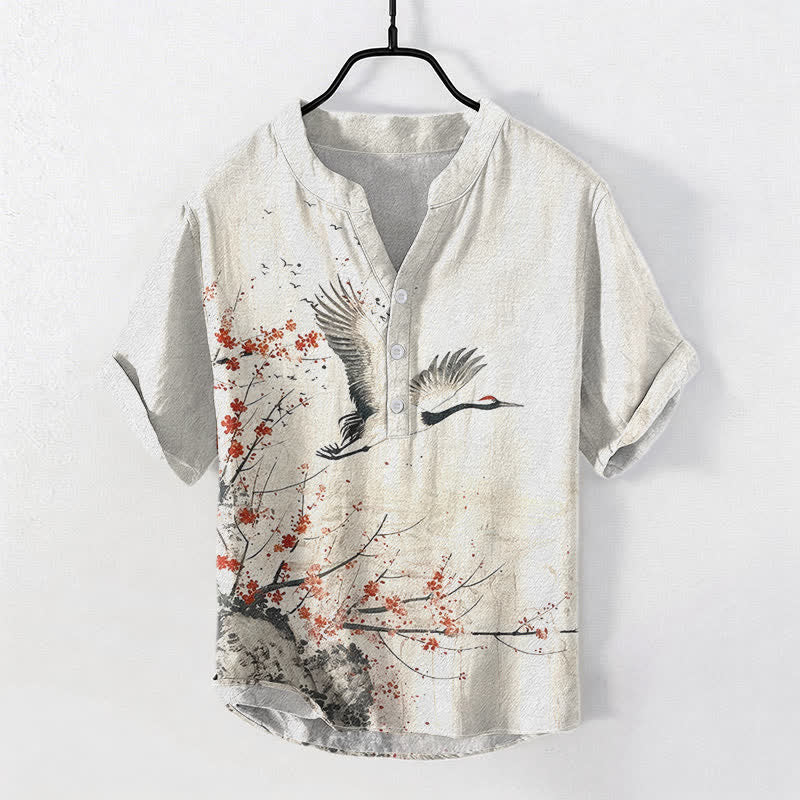 Buddha Stones Camisa de manga corta con medio botón para hombre, de algodón, con estampado de grullas y flores de ciruelo. - Lino - US/UK/AU50, EU60 (5XL) - image 0