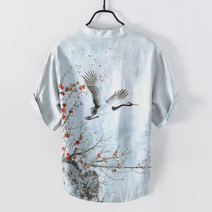 Buddha Stones Camisa de manga corta con medio botón para hombre, de algodón, con estampado de grullas y flores de ciruelo. - image 7