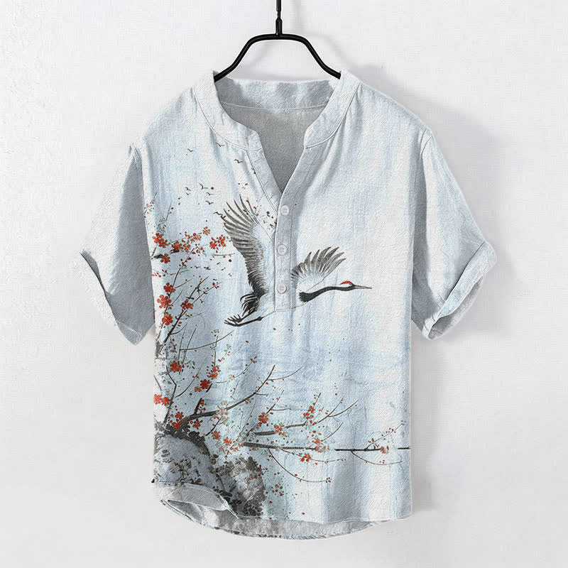 Buddha Stones Camisa de manga corta con medio botón para hombre, de algodón, con estampado de grullas y flores de ciruelo. - Azul claro - US/UK/AU50, EU60 (5XL) - image 6