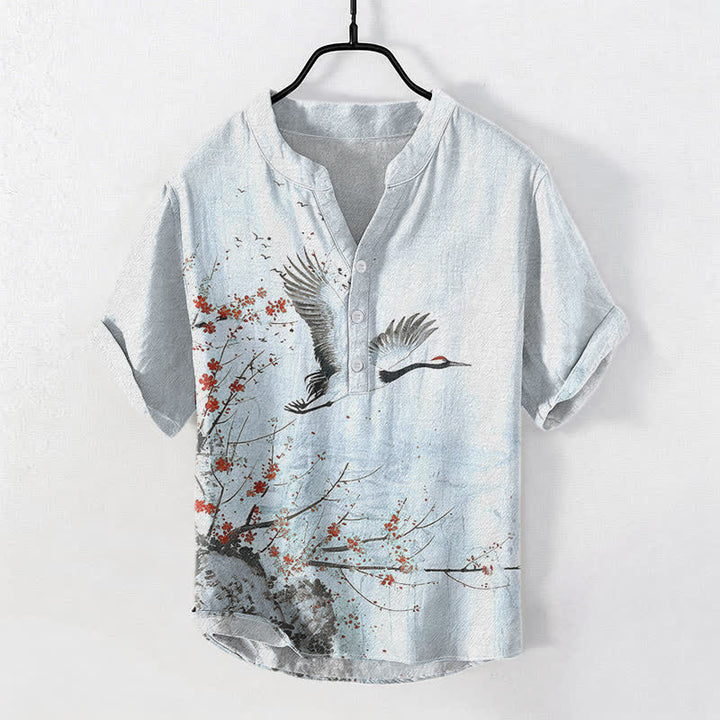 Buddha Stones Camisa de manga corta con medio botón para hombre, de algodón, con estampado de grullas y flores de ciruelo. - Azul claro - US/UK/AU50, EU60 (5XL) - image 6