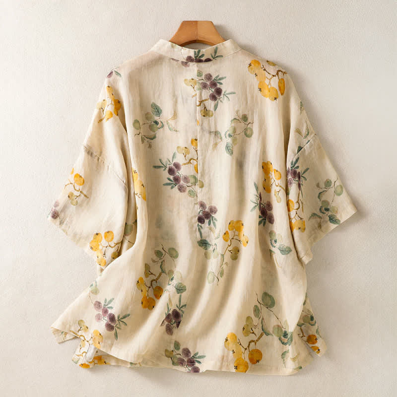 Buddha Stones Camisas de manga corta para mujer estilo Summer Tang Vintage con cuello mandarín, estampado floral de níspero y mirto chino. - image 1