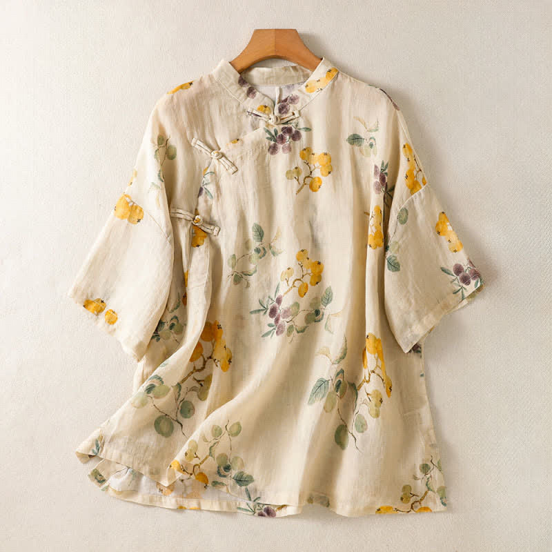 Buddha Stones Camisas de manga corta para mujer estilo Summer Tang Vintage con cuello mandarín, estampado floral de níspero y mirto chino. - Blanco antiguo - US8-10, UK/AU12-14, EU40-42 (2XL) - image 0