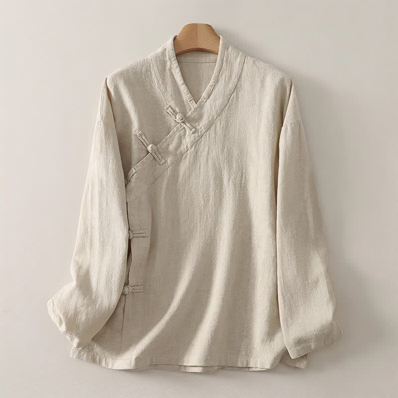 Buddha Stones Camisas de manga larga para mujer de estilo Tang minimalistas con cuello en V y botones de rana, ideales para primavera y verano. - Beige - US12, UK/AU16, EU44 (3XL) - image 0