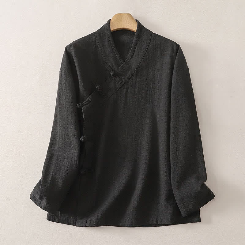 Buddha Stones Camisas de manga larga para mujer de estilo Tang minimalistas con cuello en V y botones de rana, ideales para primavera y verano. - Negro - US12, UK/AU16, EU44 (3XL) - image 5
