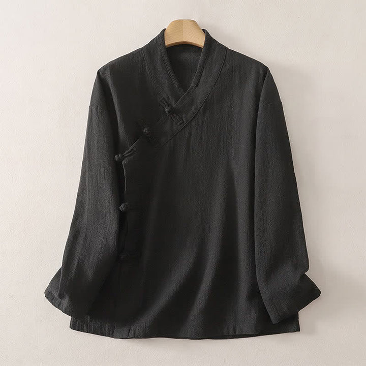 Buddha Stones Camisas de manga larga para mujer de estilo Tang minimalistas con cuello en V y botones de rana, ideales para primavera y verano. - Negro - US12, UK/AU16, EU44 (3XL) - image 5