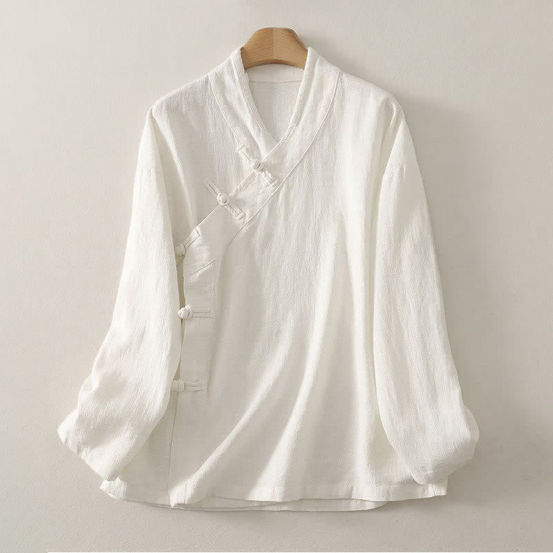 Buddha Stones Camisas de manga larga para mujer de estilo Tang minimalistas con cuello en V y botones de rana, ideales para primavera y verano. - Marfil - US12, UK/AU16, EU44 (3XL) - image 9