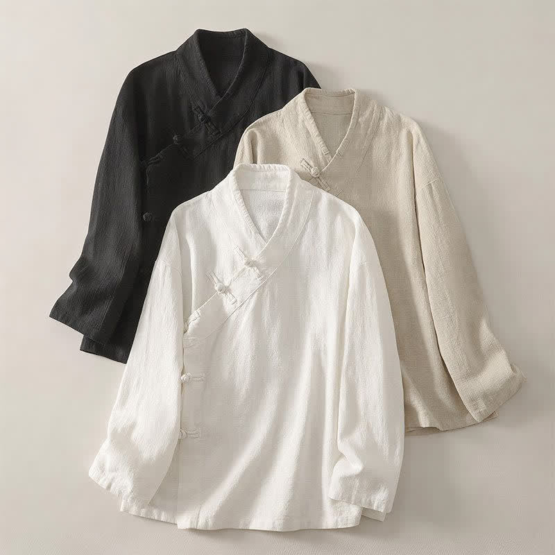 Buddha Stones Camisas de manga larga para mujer de estilo Tang minimalistas con cuello en V y botones de rana, ideales para primavera y verano. - image 18