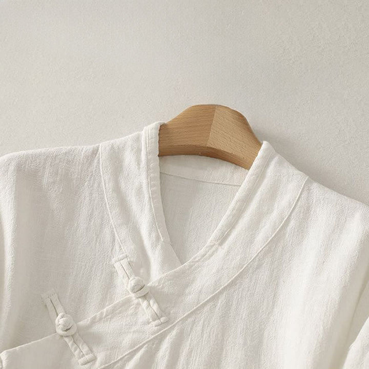 Buddha Stones Camisas de manga larga para mujer de estilo Tang minimalistas con cuello en V y botones de rana, ideales para primavera y verano. - image 11