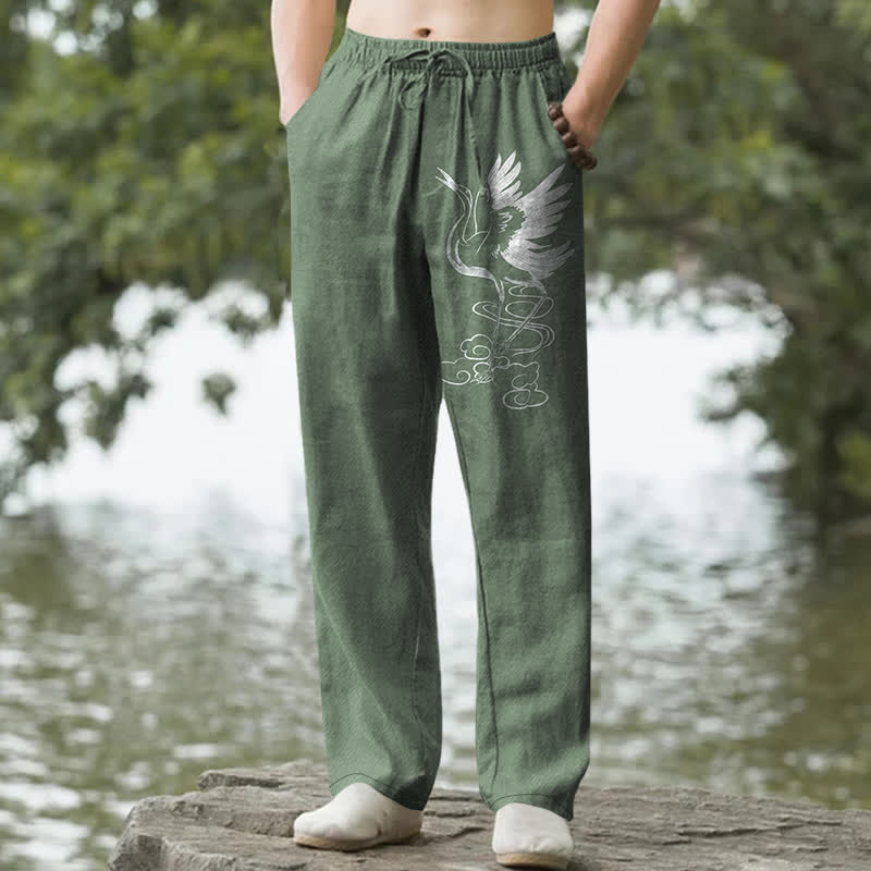 Buddha Stones Pantalones de hombre de algodón blanco con estampado de grullas y olas, corte cónico y bolsillos. - Verde bosque - US/UK/AU50, EU60 (5XL) - image 4