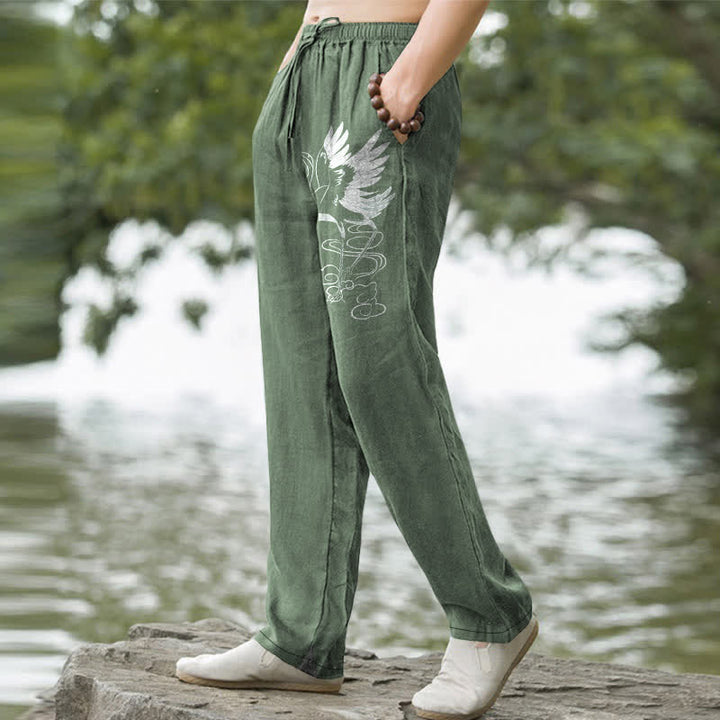 Buddha Stones Pantalones de hombre de algodón blanco con estampado de grullas y olas, corte cónico y bolsillos. - image 5