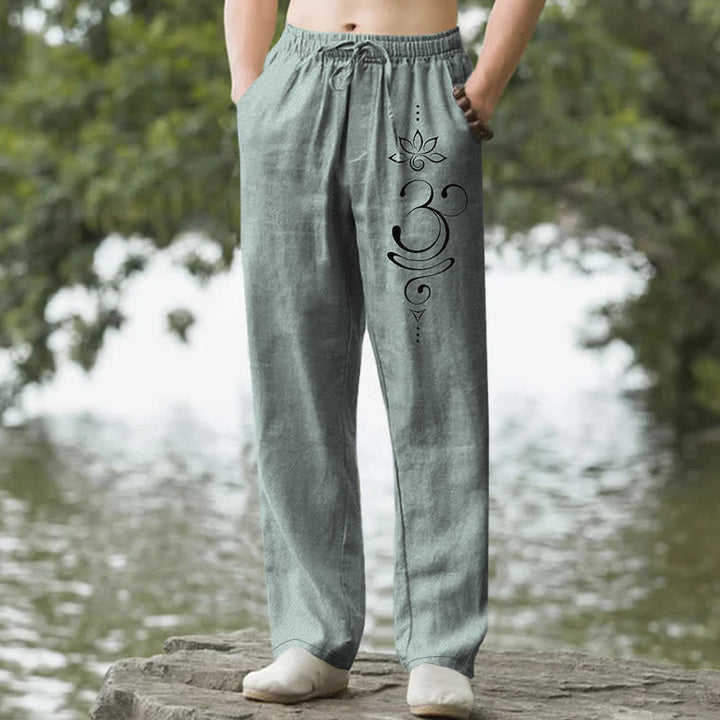 Buddha Stones Pantalones de hombre de algodón con estampado Zen Lotus Om, corte ajustado y bolsillos. - Azul cadete - US/UK/AU50, EU60 (5XL) - image 0