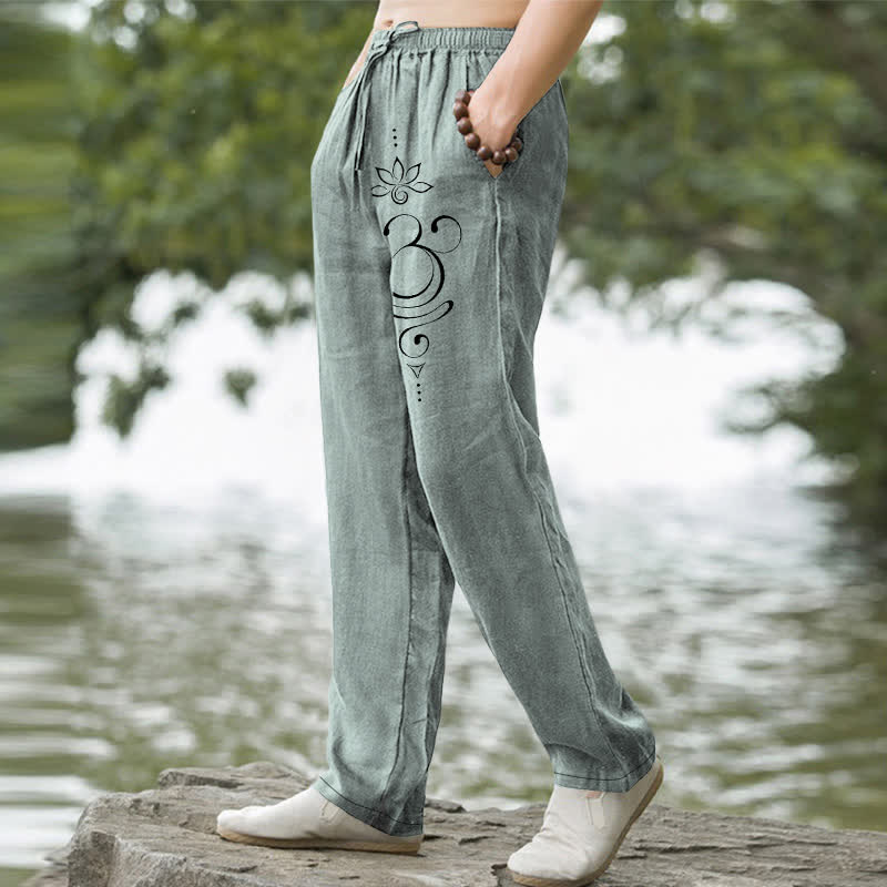 Buddha Stones Pantalones de hombre de algodón con estampado Zen Lotus Om, corte ajustado y bolsillos. - image 1