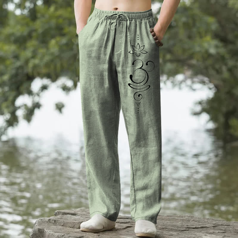 Buddha Stones Pantalones de hombre de algodón con estampado Zen Lotus Om, corte ajustado y bolsillos. - Verde mar oscuro - US/UK/AU50, EU60 (5XL) - image 4